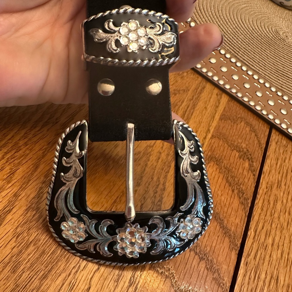 Nocona Black Belt with Silver Floral Accents, Western, Dance, Bling!